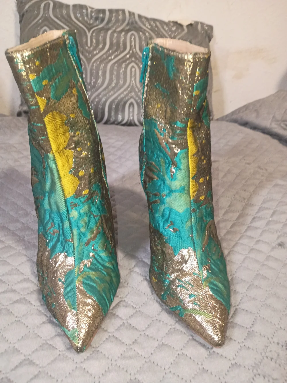 RAYE Teal and Gold Metallic Sculpted Block-Heel Ankle Boots